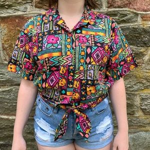 Vintage Colorful Mixed Print Blouse